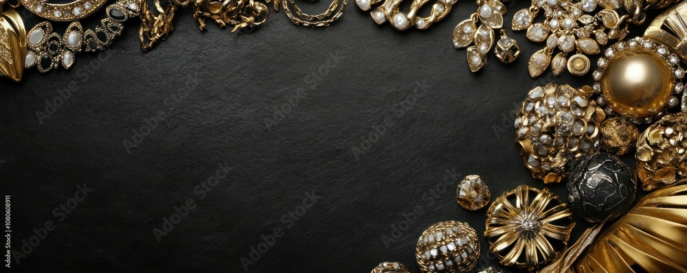 A decorative arrangement of luxurious gold and jewel-toned accessories on a dark background. A decorative arrangement of luxurious gold and jewel-toned accessories on a dark background.