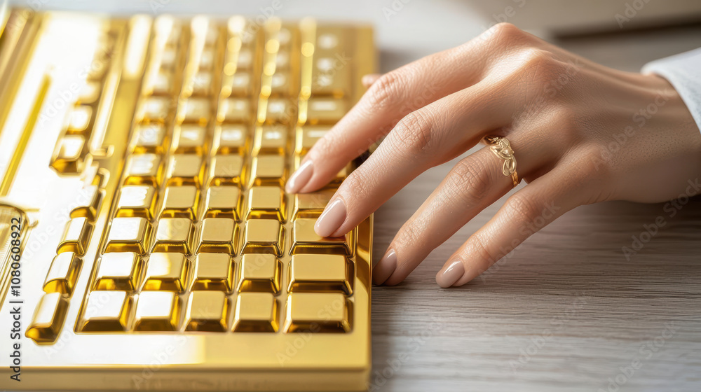 Gold keyboard with elegant hand typing. Gold keyboard with elegant hand typing.