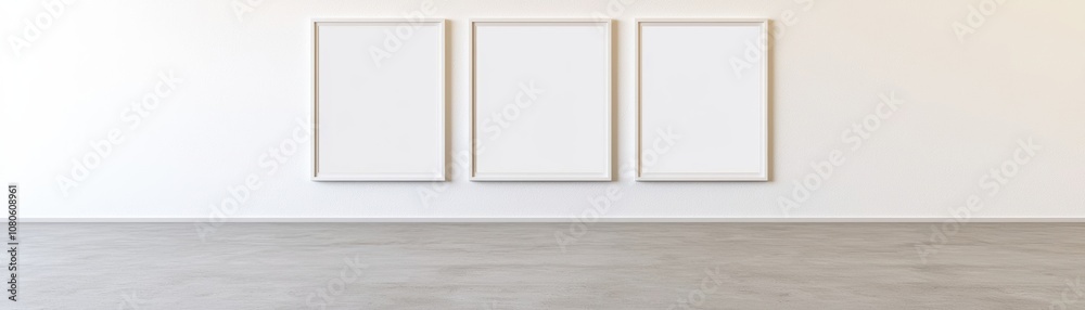 Minimalist empty gallery with three blank frames on a white wall, perfect for displaying artwork or graphy in a modern aesthetic.