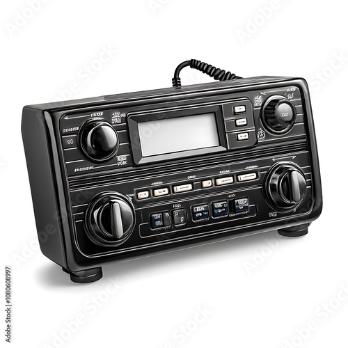 Car radio isolated on a white background, close up
