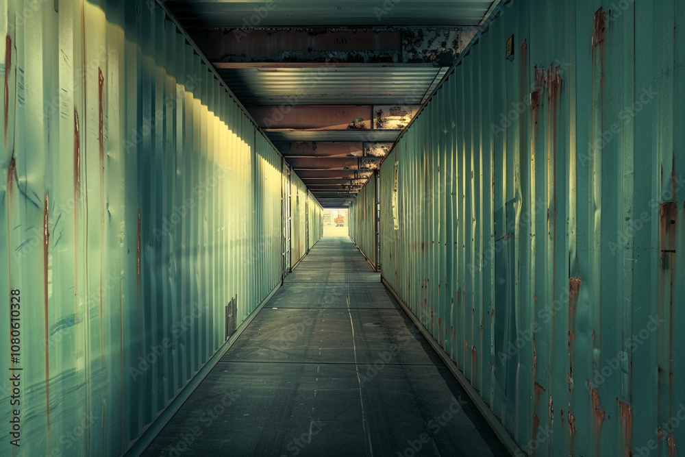 A long and narrow hallway with walls from old shipping containers. The hallway was empty and dimly lit