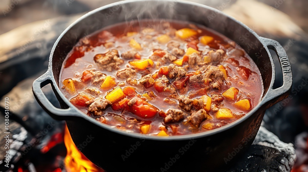 Rustic Goulash Cooking in Cast Iron Pot Over Open Flame Campfire: Traditional Hearty Stew with Meat and Vegetables Outdoors Rustic Goulash Cooking in Cast Iron Pot Over Open Flame Campfire: Traditional Hearty Stew with Meat and Vegetables Outdoors