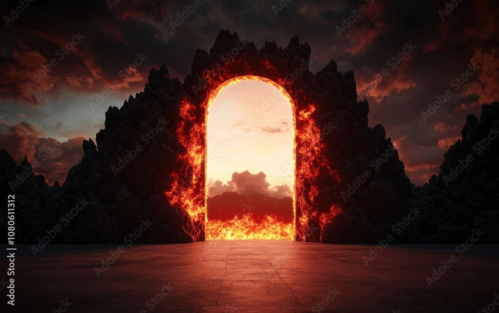 Obraz premium A dramatic landscape featuring a fiery portal amidst rocky terrain, creating a stunning visual contrast with dark clouds and vibrant flames.