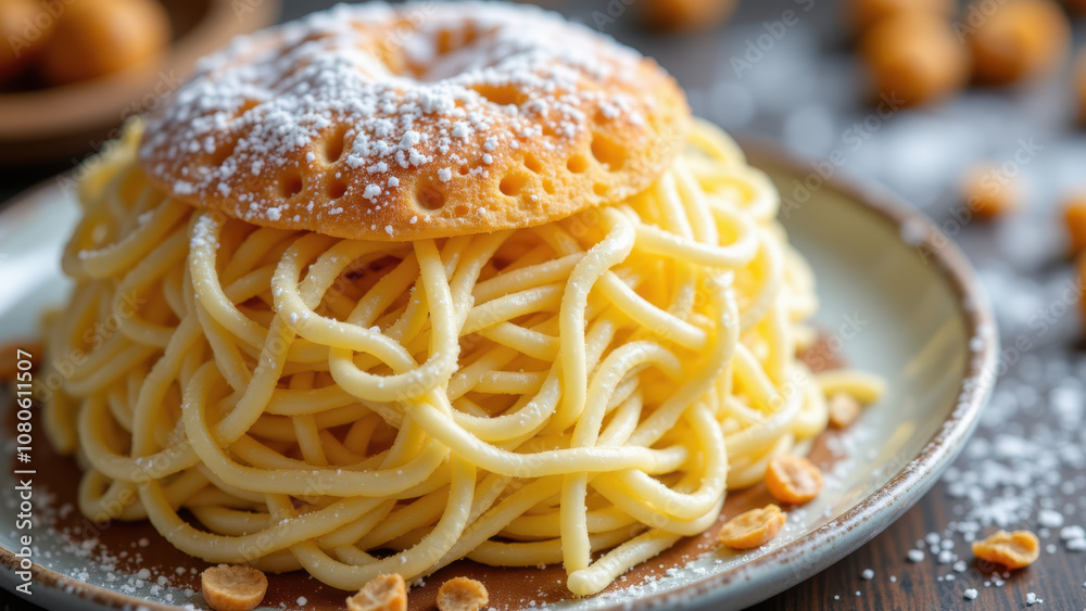 A large stack of golden-brown kunafa dessert on a plate, topped with powdered sugar. A large stack of golden-brown kunafa dessert on a plate, topped with powdered sugar.