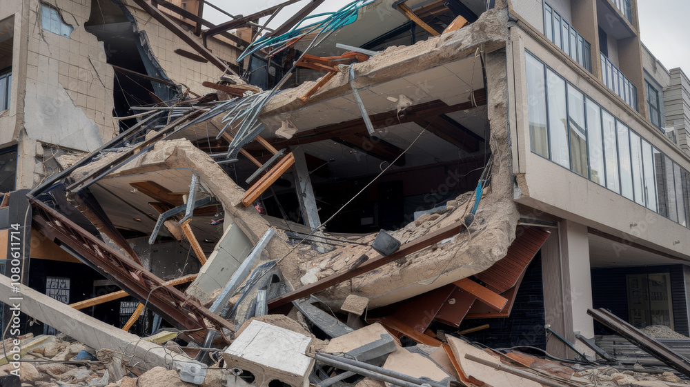 A collapsed concrete building with several floors. The remains of the building are scattered on the ground. Debris is scattered, including pieces of concrete, steel bars and wooden beams. A collapsed concrete building with several floors. The remains of the building are scattered on the ground. Debris is scattered, including pieces of concrete, steel bars and wooden beams.