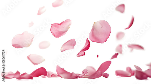 Pink rose flower petals falling isolated on a white background