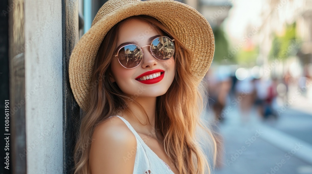 Fototapeta premium Smiling Woman in Sunglasses and Hat