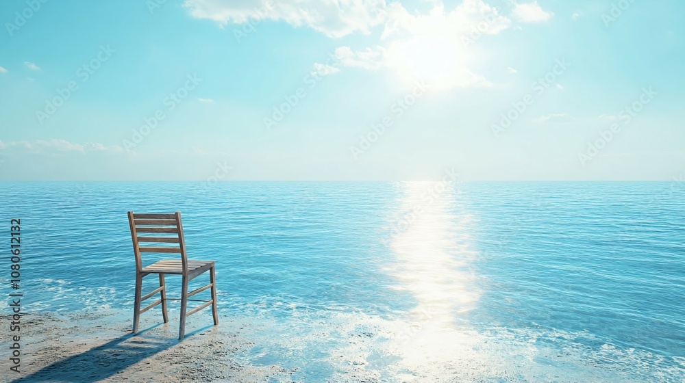 A single wooden chair on a sunlit beach gazes over a vast ocean, embodying solitude and tranquility, ideal for peaceful reflection and quiet moments. A single wooden chair on a sunlit beach gazes over a vast ocean, embodying solitude and tranquility, ideal for peaceful reflection and quiet moments.