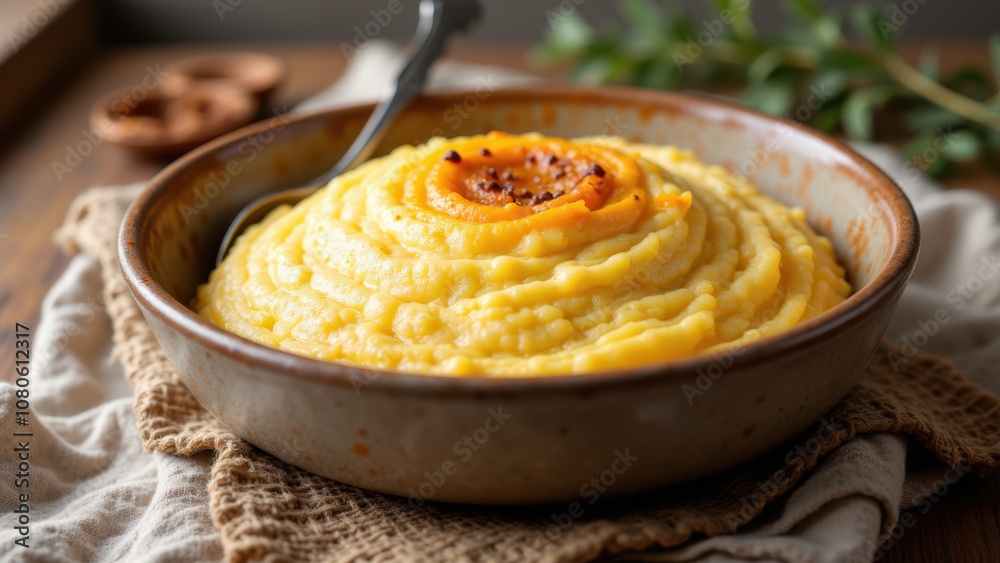 A bowl filled with a dish of kunafa garnished with an egg on top. A bowl filled with a dish of kunafa garnished with an egg on top.