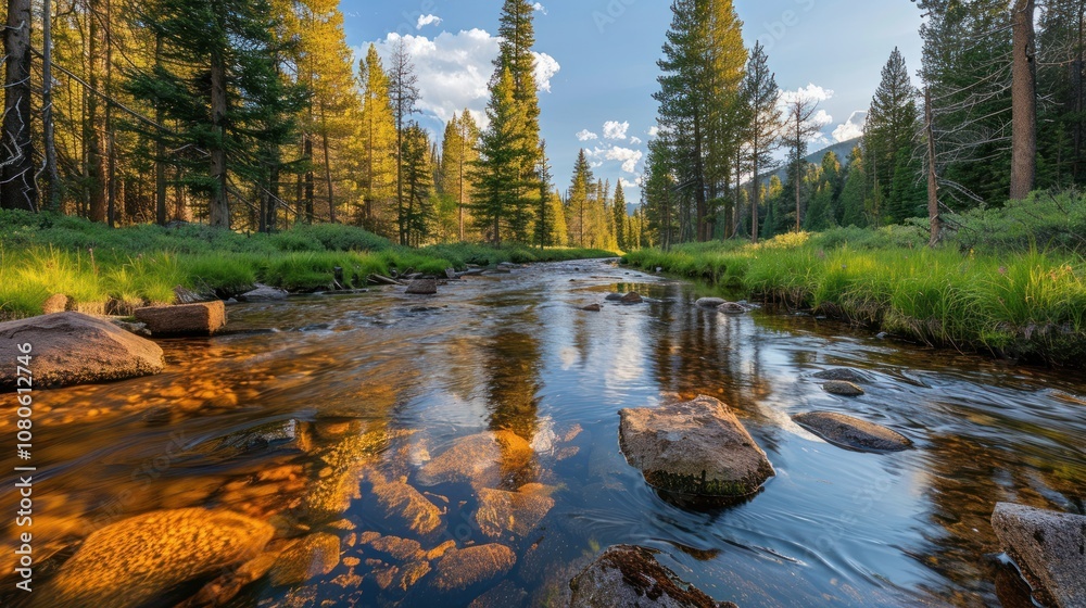 Obraz premium A tranquil stream flows through a forest, sunlight dappling the water and reflecting off the rocks.