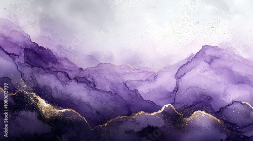 A serene watercolor landscape featuring purple mountains with golden accents.