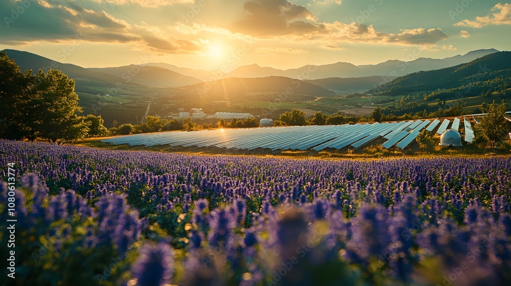 Obraz premium Industrial site with hydrogen tanks, field of solar panels under sunny sky, focus on green energy