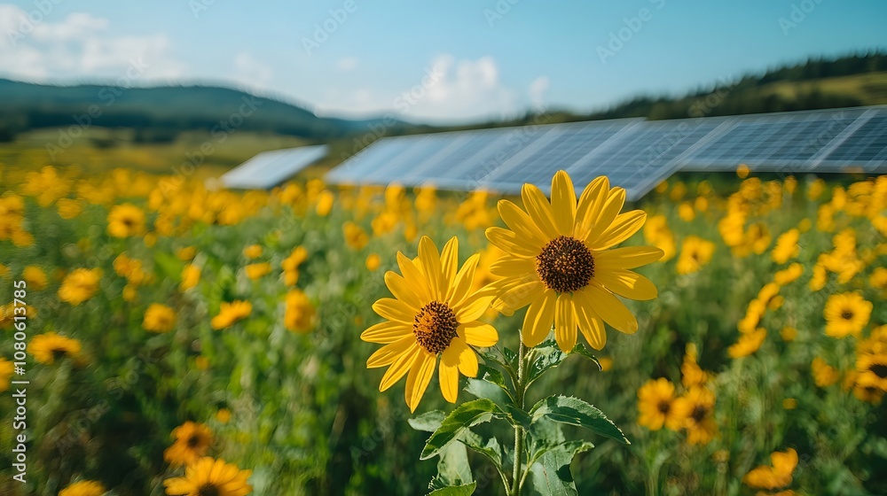 Fototapeta premium Industrial site with hydrogen tanks, field of solar panels under sunny sky, focus on green energy