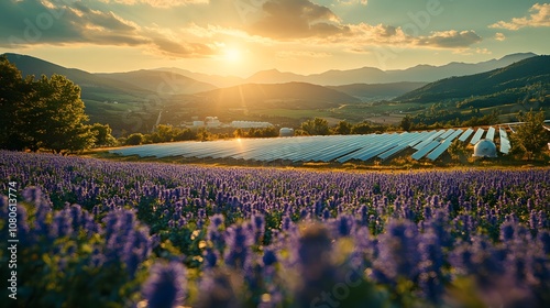 Industrial site with hydrogen tanks, field of solar panels under sunny sky, focus on green energy