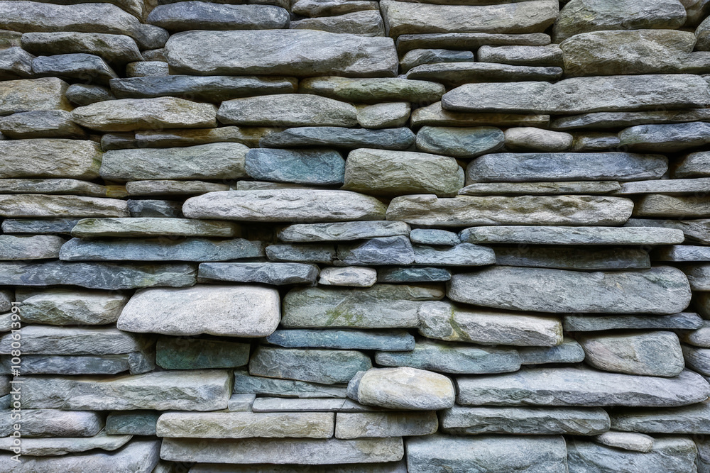 Abstract background of stacked stone slabs forming a wall.