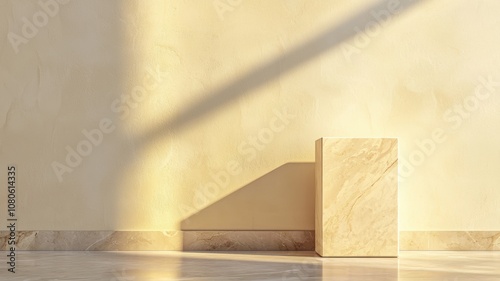 Minimalist Interior Featuring a Marble Pedestal in a Serene Enclosure with Soft Lighting and Subtle Shadows Casting on the Wall