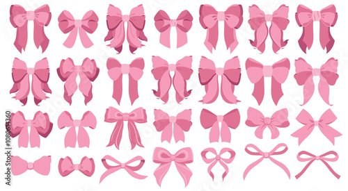 Vintage pink ribbons and bows. Valentines day illustration.Simple hand drawn pink ribbon bow collection. Bowknot for decoration, big set of pinky bowtie. Large retro hand drawn ribbon illustration set