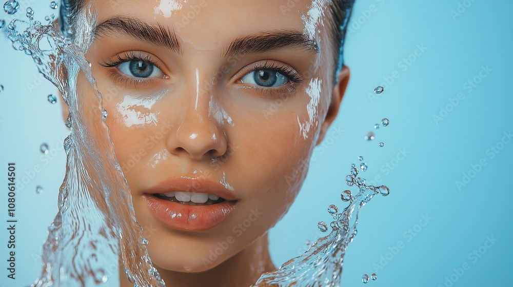 Water splash, skincare portrait or happy girl with beauty or smiling female model face