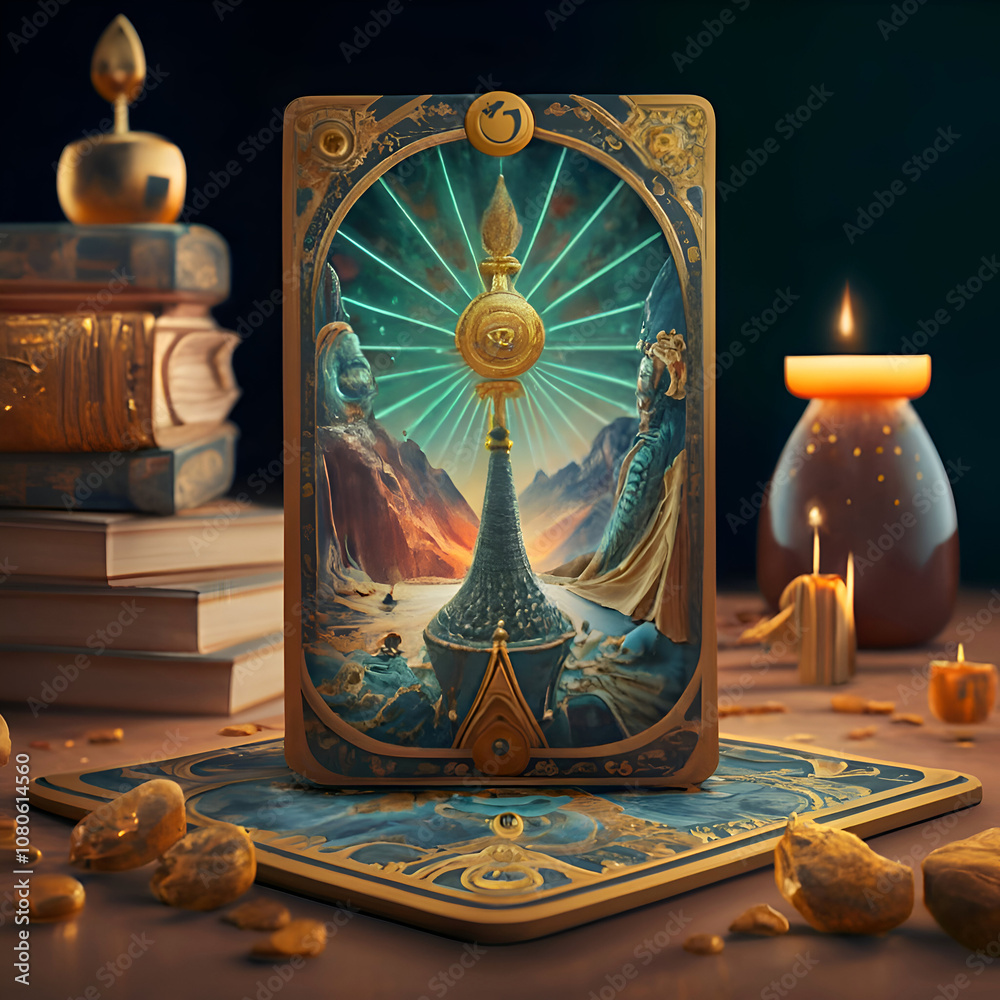 Tarot deck against dark background in mystery light. close up. Ai generated