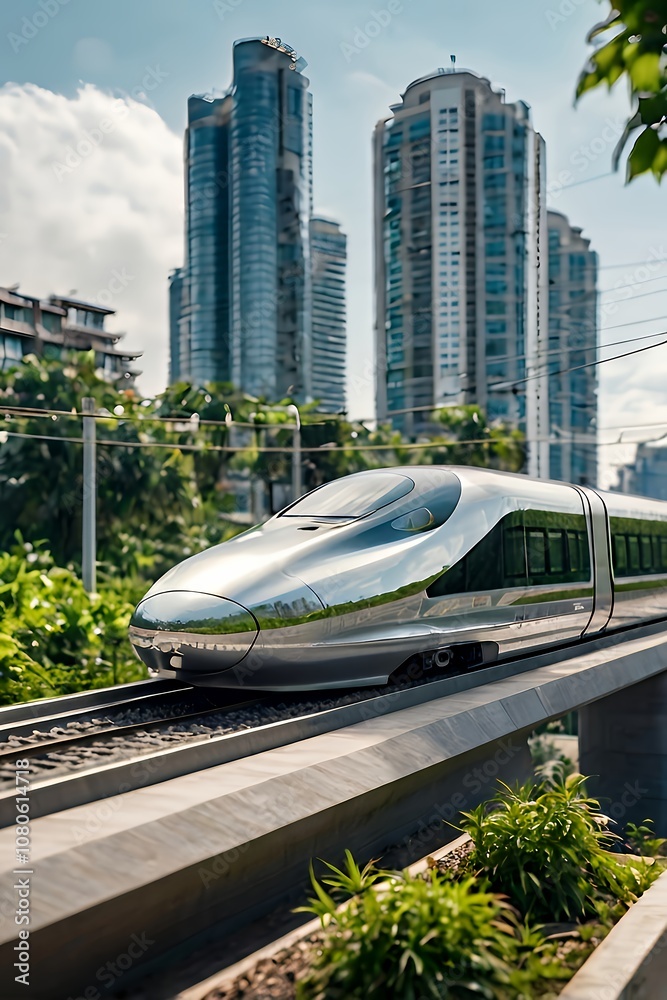 A futuristic bullet train traveling at ultra-high speed through an eco-friendly city, surrounded by solar panels and greenery, representing sustainable high-speed transit A futuristic bullet train traveling at ultra-high speed through an eco-friendly city, surrounded by solar panels and greenery, representing sustainable high-speed transit