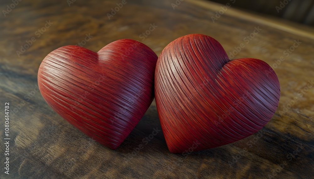 Two red wooden hearts with grooves on an old oak table, close-up. Valentine's Day concept, love and romance, Two red wooden hearts with grooves on an old oak table, close-up. Valentine's Day concept, love and romance,