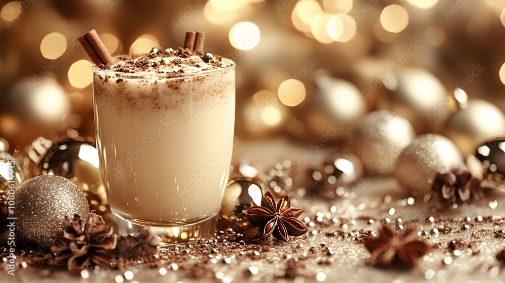 Glass of eggnog with cinnamon sprinkle, cozy Christmas background, festive winter drink scene Glass of eggnog with cinnamon sprinkle, cozy Christmas background, festive winter drink scene