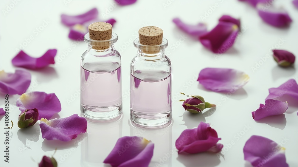 Rose essential oil bottles surrounded by petals and buds on white background Rose essential oil bottles surrounded by petals and buds on white background