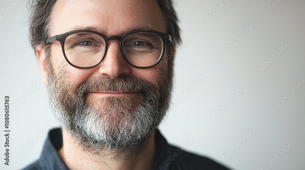 Authentic portrait of a smiling man with glasses and beard showcasing confidence and approachability in a modern, minimalistic setting with natural lighting. Authentic portrait of a smiling man with glasses and beard showcasing confidence and approachability in a modern, minimalistic setting with natural lighting.