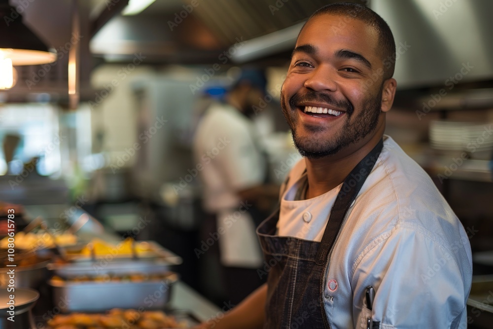 Fototapeta premium Portrait of a smiling American chef in restaurant kitchen