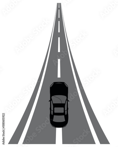 A Car Is Driving Along The Road. Road Marking. Roadway. Car Driving Along Highway Or Asphalt Road Aerial Top View. Vector Illustration. Isolated On Transparent Background.