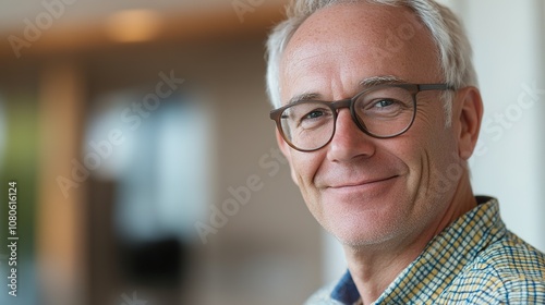 Smiling Mature Man with Glasses in Indoor Environment, Relaxed Atmosphere, Natural Light, Professional Portrait in Modern Setting, Focused and Approachable Expression