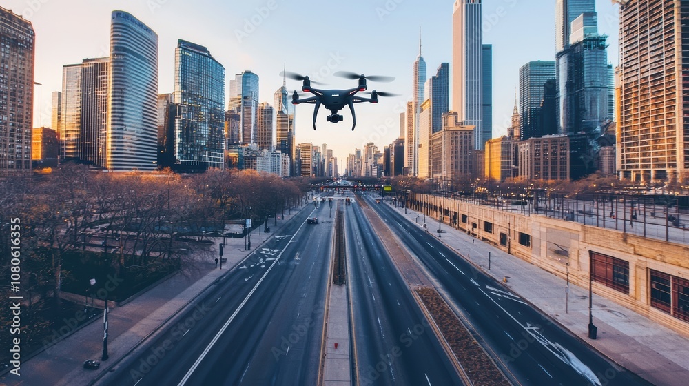 Fototapeta premium Aerial view of city skyline with drone casting shadow over buildings, empty streets symbolizing state of alert.