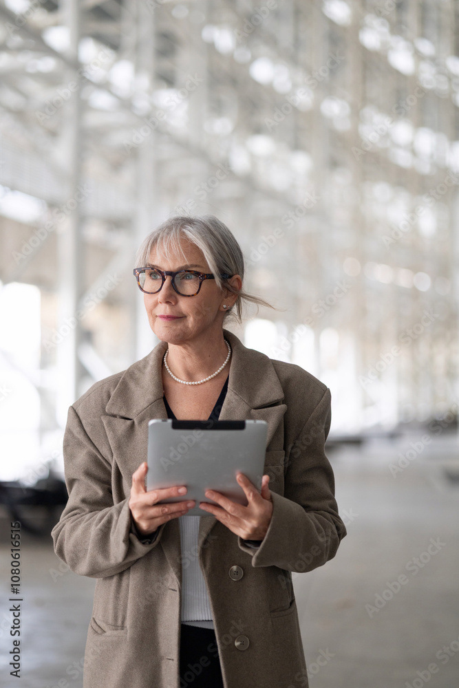 Stylish elderly woman in a chic outfit holds a tablet while exploring a spacious modern building interior during the daytime Stylish elderly woman in a chic outfit holds a tablet while exploring a spacious modern building interior during the daytime