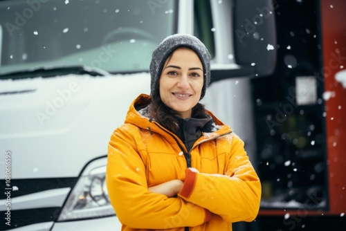 Portrait of a Hispanic female middle aged truck driver during winter