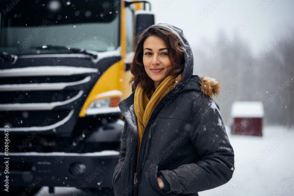 Portrait of a Hispanic female middle aged truck driver during winter