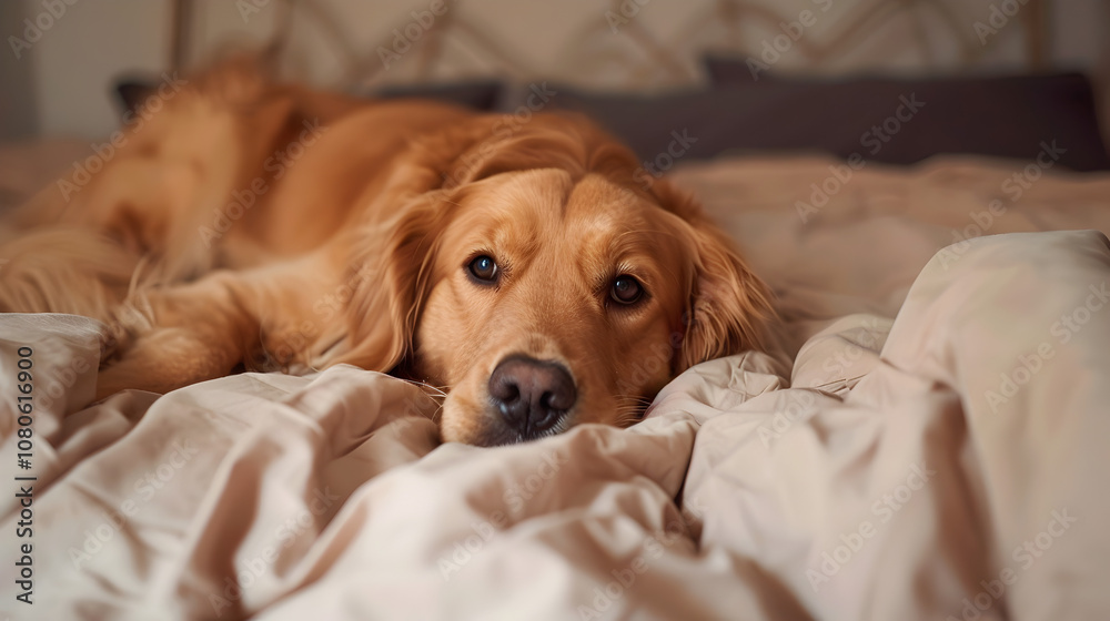 A cute golden retriever lying on his back on a bed looking at the camera dog laying on his back Girl sleeping on couch with her Golden Retriever dog, Generative Ai A cute golden retriever lying on his back on a bed looking at the camera dog laying on his back Girl sleeping on couch with her Golden Retriever dog, Generative Ai
