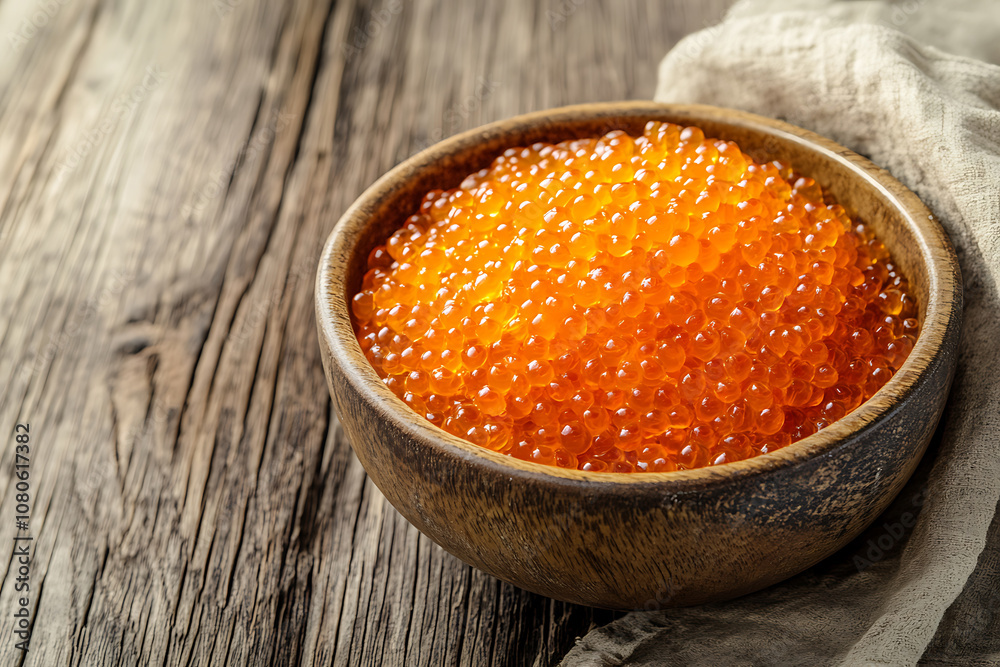 Close-up of bowl of bright orange salmon roe copy space Close-up of bowl of bright orange salmon roe copy space