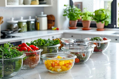 Freshly chopped vegetables displayed in clear bowls