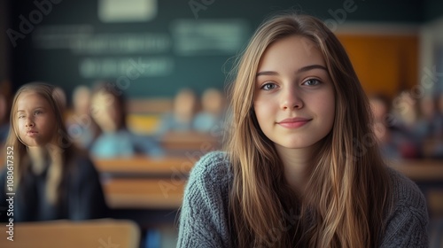 Happy Teenage Girl in Classroom, Positive Learning Environment, Focused Student with Classmates in Background, Education and Youth Confidence, Inclusive Classroom Setting
