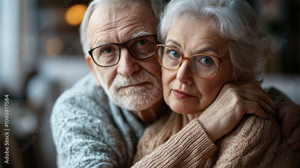 Elderly couple embracing at home, showing affection and support Elderly couple embracing at home, showing affection and support