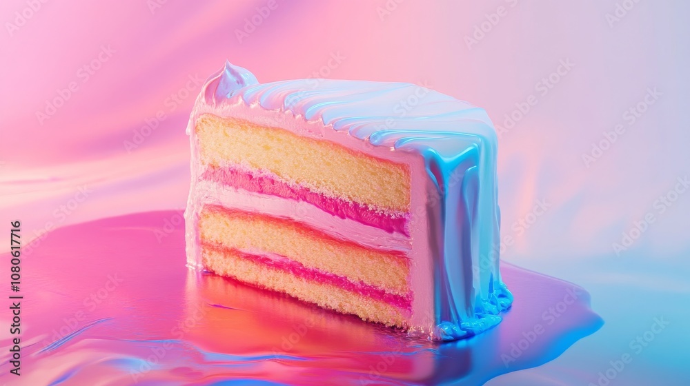 A slice of pastel layer cake with glossy icing, set against a vibrant gradient backdrop. Perfect for dessert and celebration themes. A slice of pastel layer cake with glossy icing, set against a vibrant gradient backdrop. Perfect for dessert and celebration themes.
