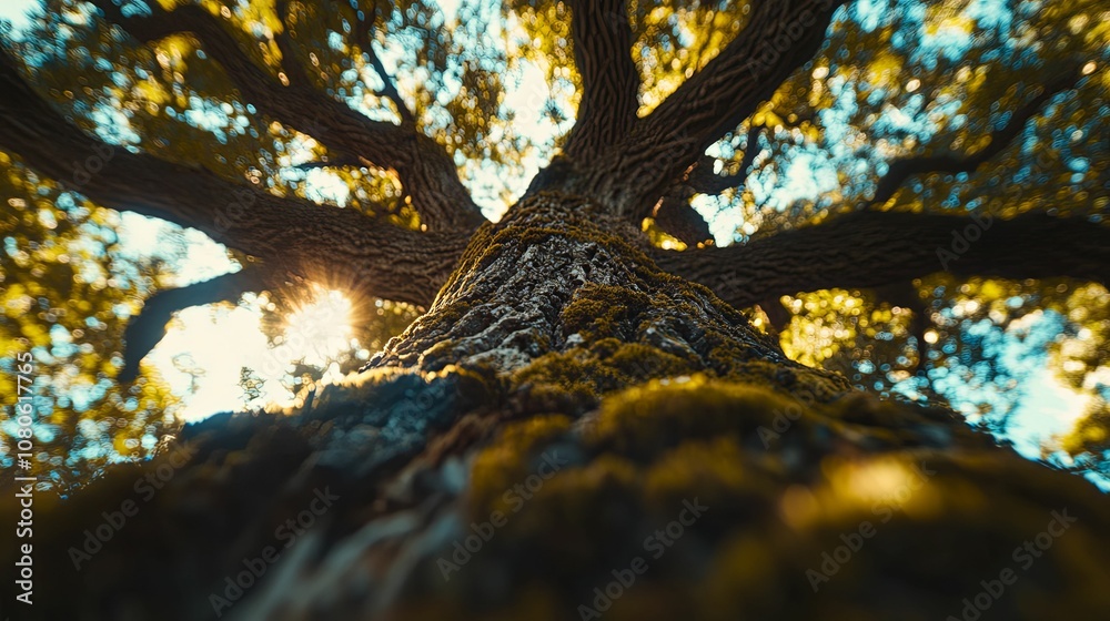 A Low-Angle Perspective of a Moss-Covered Tree Trunk with Sun Shining Through the Branches A Low-Angle Perspective of a Moss-Covered Tree Trunk with Sun Shining Through the Branches