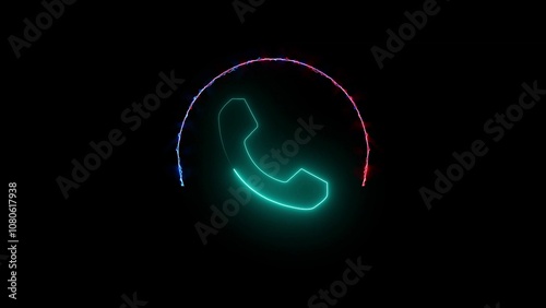 neon phone call icon illustration with neon circle on black background.