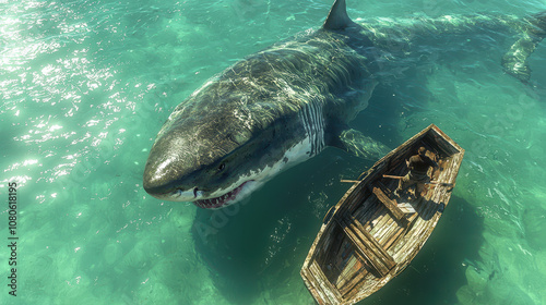 Shark Swimming Next to Wooden Rowboat photo