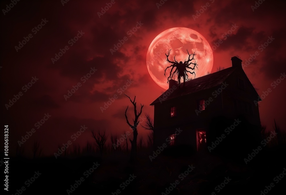 Obraz premium Artistic Halloween background on midnight time scary theme with blood moon and red sky evil eyes clouds background.