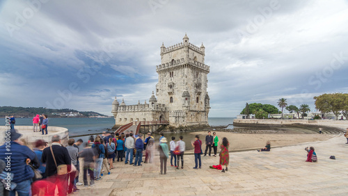 Belem Tower is a fortified tower located in Belem timelapse hyperlapse in Lisbon, Portugal