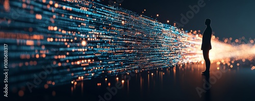 A silhouette of a person against a vibrant digital backdrop, symbolizing innovation and data flow in the modern world.