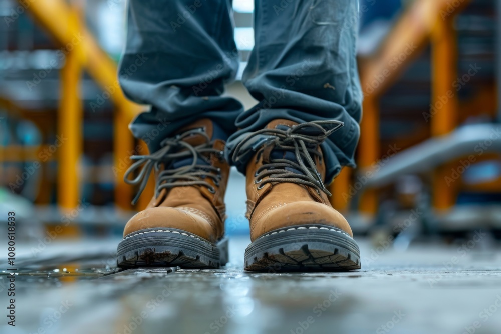Close up of safety workers shoes in factory Close up of safety workers shoes in factory