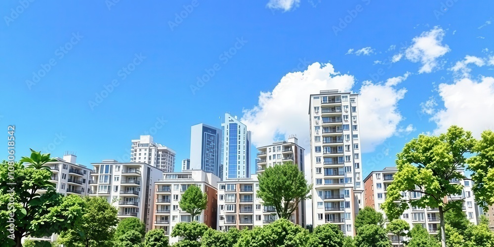Modern block of flats situated in a lush green area under the clear blue sky, design, skyline, blue sky Modern block of flats situated in a lush green area under the clear blue sky, design, skyline, blue sky