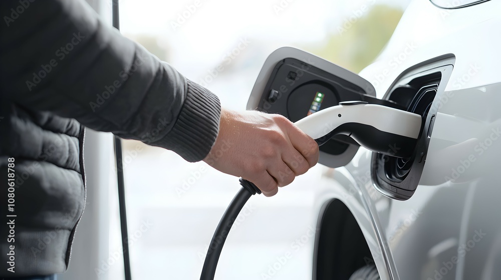 Close-Up of EV Driver Plugging in Charger at Modern Charging Station - Detailed Hand Grip and Realistic Lighting Showcase Electric Vehicle Charging Experience Close-Up of EV Driver Plugging in Charger at Modern Charging Station - Detailed Hand Grip and Realistic Lighting Showcase Electric Vehicle Charging Experience